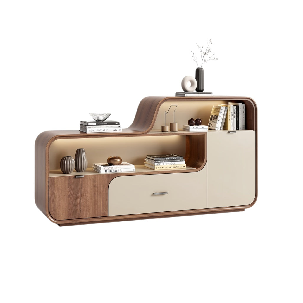 Modern Curved Wooden TV Stand with Storage and Ambient Lighting