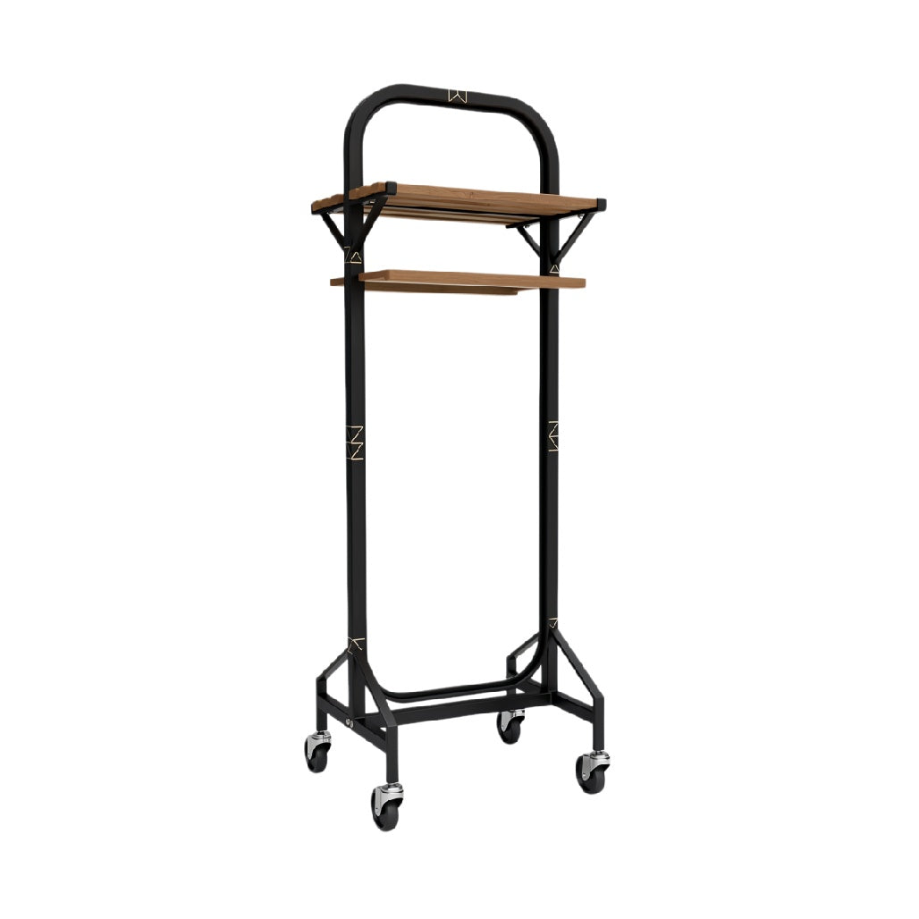 Mobile Garment Rack with Wooden Shelves and Steel Frame